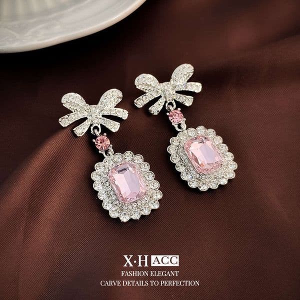 Luxury Brand Designer Jewelry Silver Needle Diamonds Pink Zirconia, Square Bow Design, Fashionable Unique, Elegant Earrings With A Sense Of Luxury And Sophistic