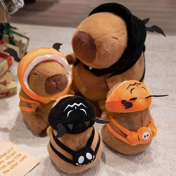 Pumpkin Hat Capybara Stuffed Chubby Plush Toy Cartoon Animal with Bat Cute Halloween Doll Birthday Gifts