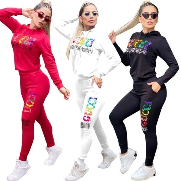 Womens Clothing Casual Sports Fashion Heat Transfer Set Long Sleeve Hooded High-Quality Autumn Winter Two-Piece Set