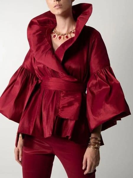 Women Vintage Court Style Blouse Satin Petal Sleeve Stand Collar Bud Shape American Retro Shirt Blouse Autumn Tops 260512