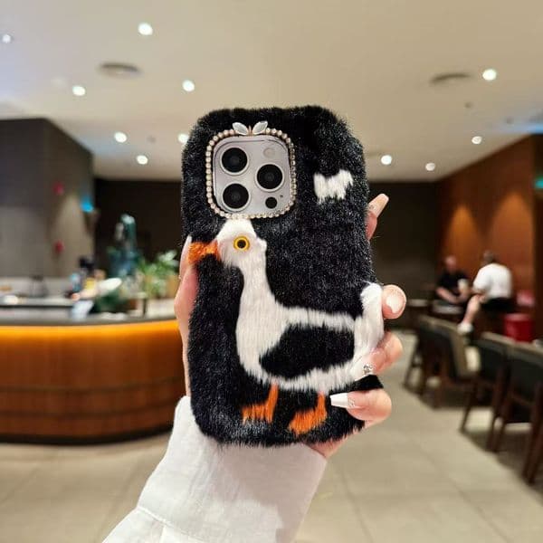 Cartoon Duck Plush Phone Case, Rhinestone Camera Frame, Shockproof Cover, Multi-Color
