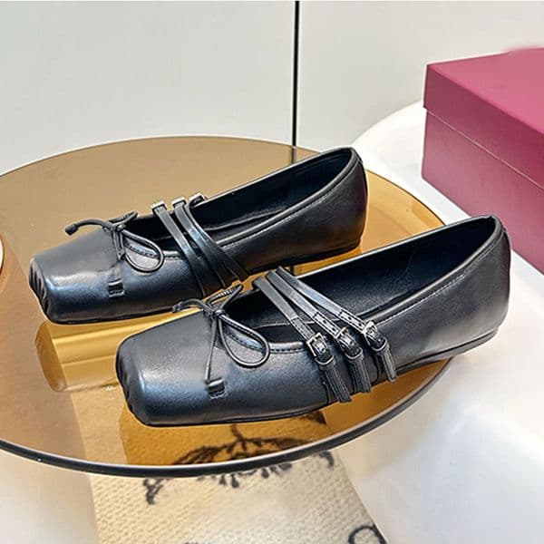 Womens ballet flat Square bow Woman Mary Jane shoes New Hot stamping Miss Sandals Silver toned hardware Leather 3 strap closure with adjustable buckle Leather sole