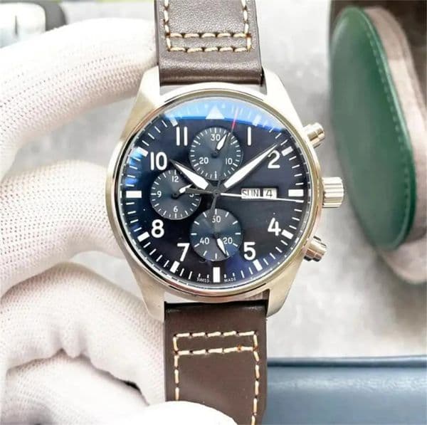 U1 Top AAA Luxury 43mm Pilot Watch Mechanical Automatic Day/Date Full Luminous Domed Leather Strap Black Dial Hands Designer Military Wristwatch 7 L54