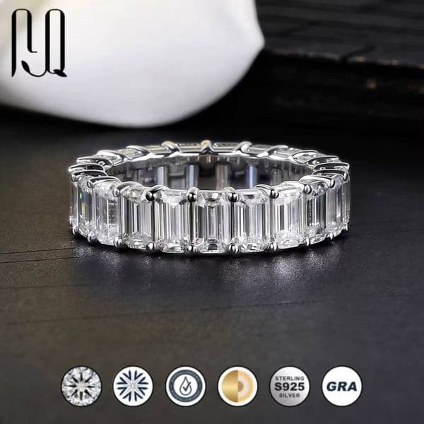 Emerald Cut Moissanite Full Eternity Band 925 Sterling Silver Light Luxury Minimalist Ring Cross-Border Exclusive Wholesale
