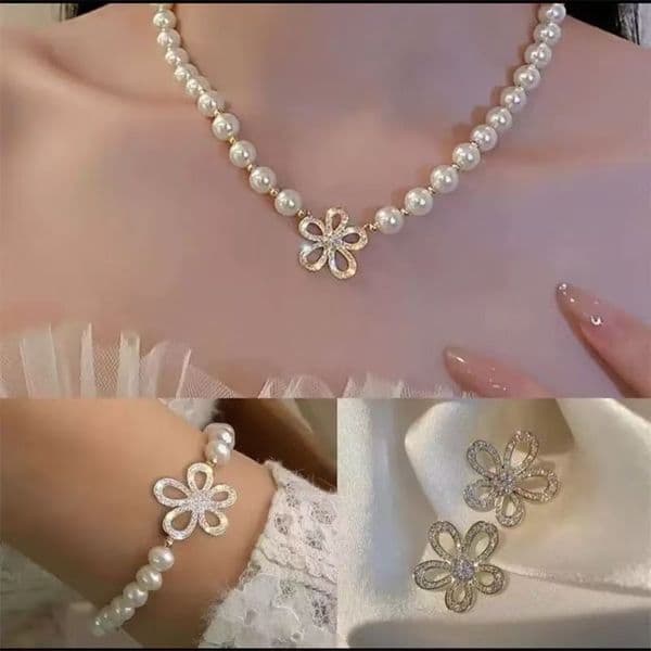 High Quality New French Retro Full Diamond Five-Petal Imitation Three-Piece Set Flower Pearl Necklace Light Luxury Internet Celebrity
