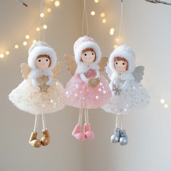 Christmas Angel Doll Ornaments, 18cm Glitter Mesh Girl Hanging Decor for Xmas Tree