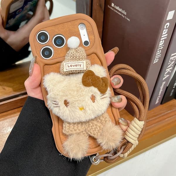 Furry 3D KT Cat Phone Case For iPhone 15 14 Pro 13 16 17 Pro Max Cover Winter Warm Fluffy Plaid Pattern Plush Shockproof Case