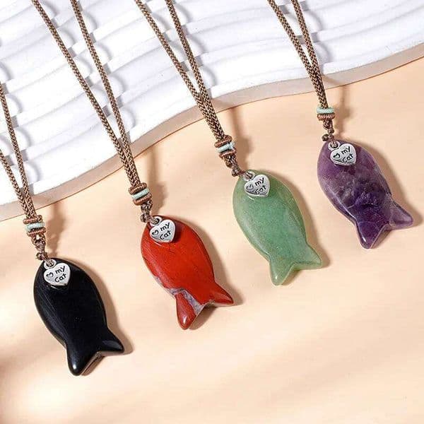 1pc Natural Stone Fish Love My Cat Pendant Women Tiger Eye Green Aventurien Crystal Man Adjustable Rope Necklace Jewelry