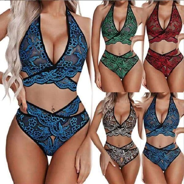 Women See-Through Mesh Sexy Two Piece Erotic Deep V-Neck Bralette Embroidery Plus Size Lace Bra And Panties Lingerie Set