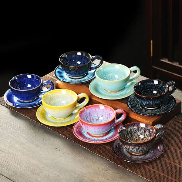 European Light Luxury Kiln-Change Ceramic Coffee Cup Saucer Set - Handcrafted Brushed Glaze Retro Tea Cup for Home Office Gift