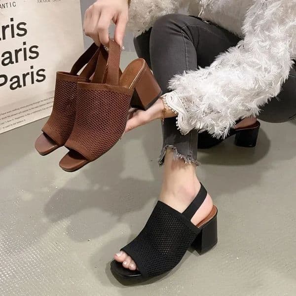 Summer Plus Size High Heel Sandals Knitted Breathable Block Heel Sandals Fashion Brown Comfortable Womens Shoes 260519
