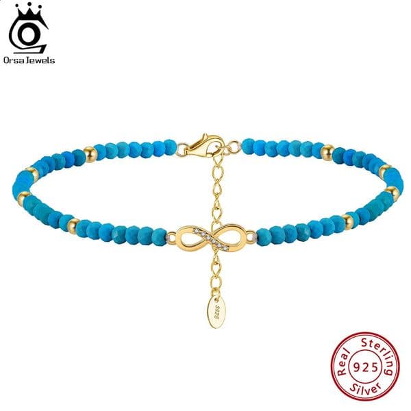 ORSA JEWELS Genuine 925 Sterling Silver Infinity 4A CZ Anklet for Women 3mm Turquoise Beads Chain Anklets Summer Jewelry SA87 260518