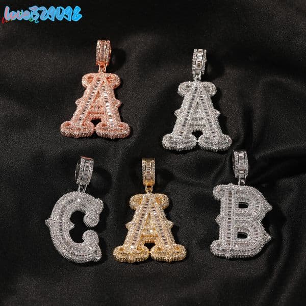Hiphop Shinning Letter 5A Baguette MoissaniteVVS Diamonds Stab Initial Necklace