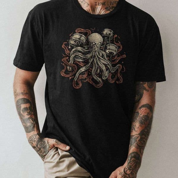 Drummer Shirt Unique Men's Gift for Enthusiasts Musician's Octopus Drum Player Tee