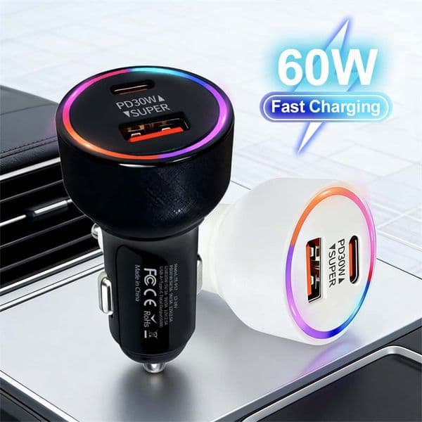 60W USB C Super Fast Charging Car Charger Dual Ports PD30W Quick Charge Cigarette Lighter Plug Travel Power Adapter For iPhone Samsung Huawei Xiaomi Gaming Teblet