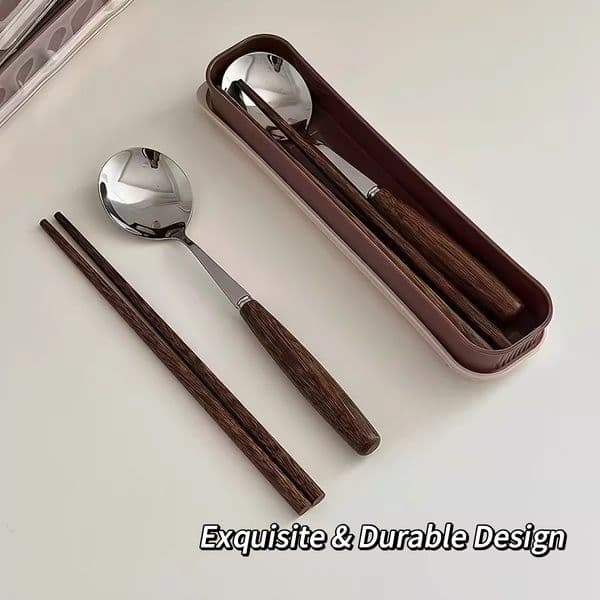 304 Stainless Steel Cutlery Set with Wooden Handle, Portable Reusable Chopsticks Spoon Flatware Set with Storage Case for Office School Travel