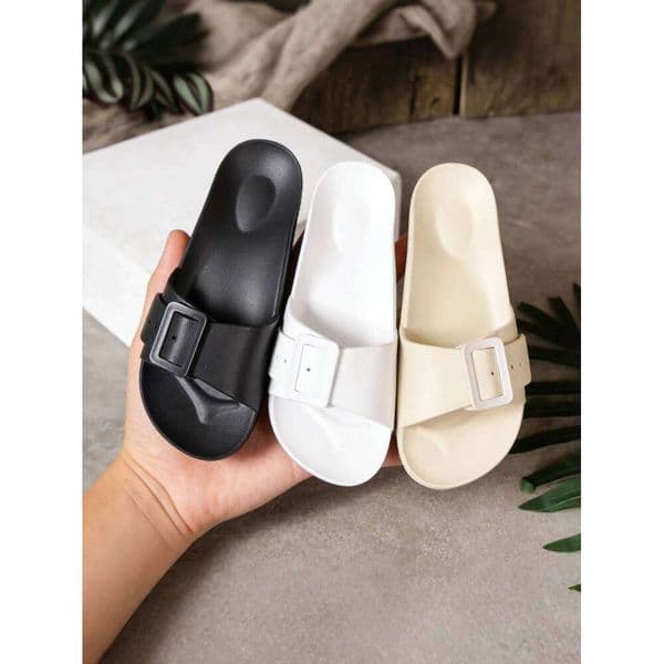 Women's New Summer Style Classic Simple Solid Color Casual Eva One-Piece Buckle Flat Slip-On Beach Hollow Breathable Slippers Suitable for Outdoor Home Use, W260520