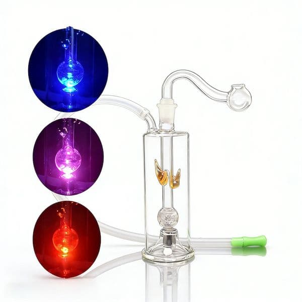 Wholesale Glass Oil Burner Bubblers Bong Mini Water Pipes 3 Change Color Led Light Glass Percolator Bubbler with smoking banger Bowl and Soft Silicone Mouthpiece