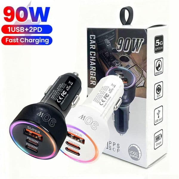 90W USB C Super Fast Charging Car Charger 1USB 2PD Ports With Colorful Light Quick Charge Cigarette Lighter Plug Travel Power Adapter For iPhone Samsung Huawei Xiaomi