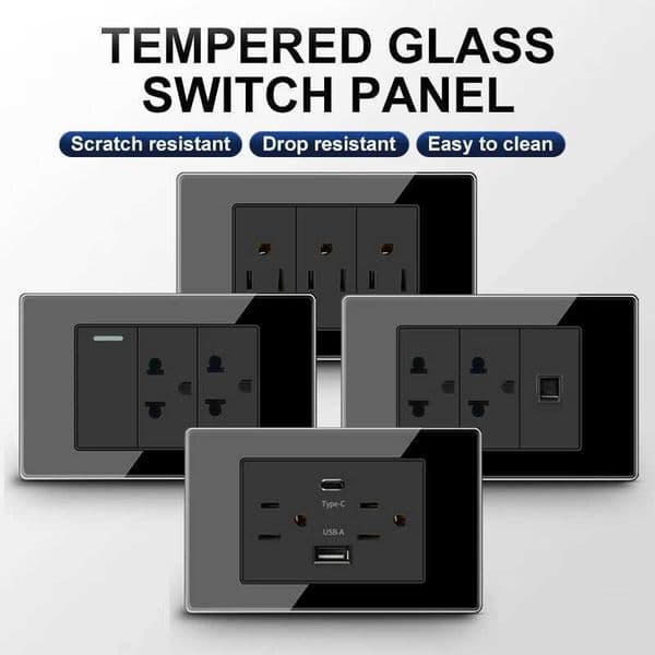 11875mm Tempered Glass US Wall Socket Black Thai USB Socket Plug with Dual USB Type-C PortsLight Switch 110V T260520