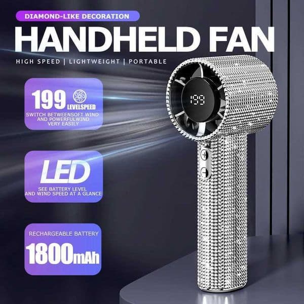 199-Speed Portable Handheld Fan with Sparkling Imitation Diamonds LED Display USB Rechargeable Mini Fan for Summer Use T260520
