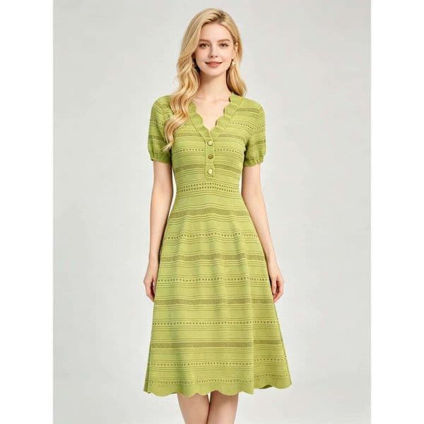 2026 New Arrival Green Knitted Dress Women V-Neck Button Decor Short Sleeve Slim Fit A-Line Midi Dress Romantic Gentle Style