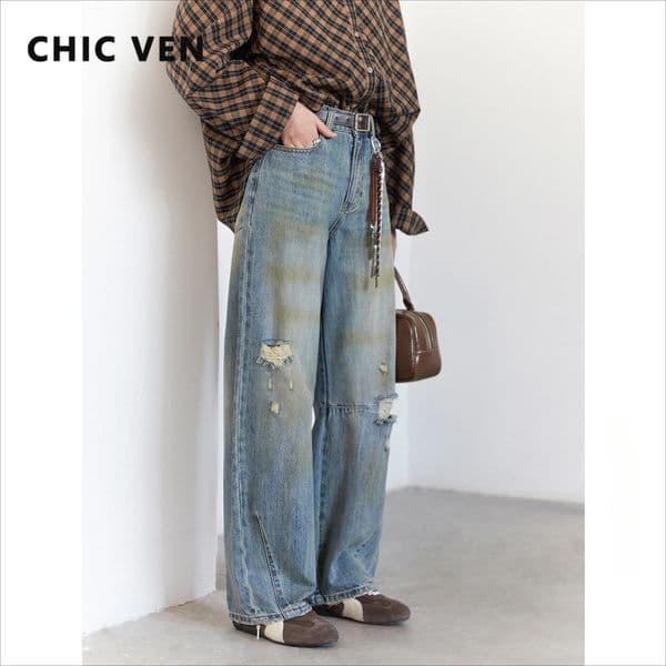CHIC VEN Retro Womens Jeans Loose Casual High Waisted Wide Legs Denim Pant Female Trousers Spring Autumn 260521