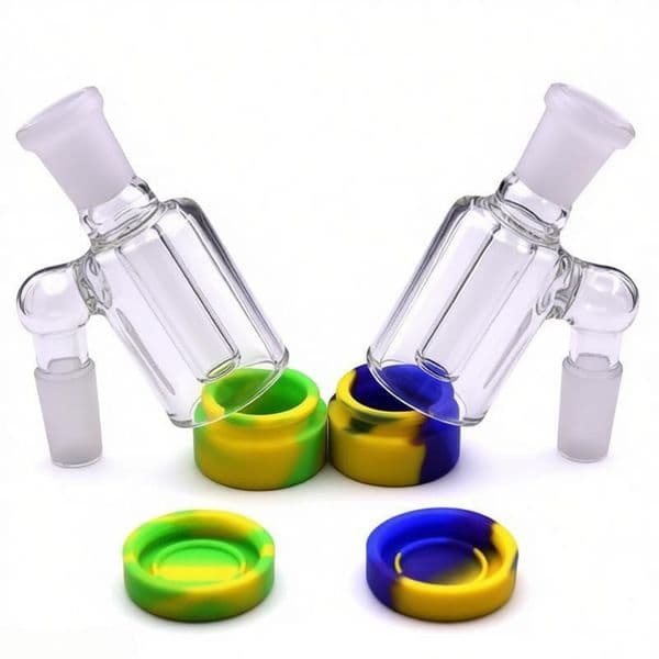 Wholesale 14mm 18mm male Female Glass Ash Catcher With colorful Silicone Container wax box Thick heady Reclaimer Ashcatcher For water bong pipe or Quartz Nails