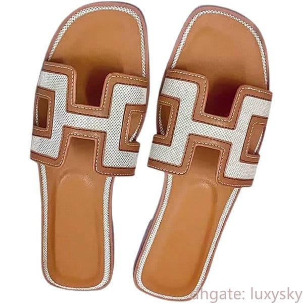 designer new luxury Classic Minimalist H Cutout Flat Sandals, Heavy Craftsmanship Imported Leather Slides, Square Toe Mules, Lightweight Luxury Summer Beach Shoes