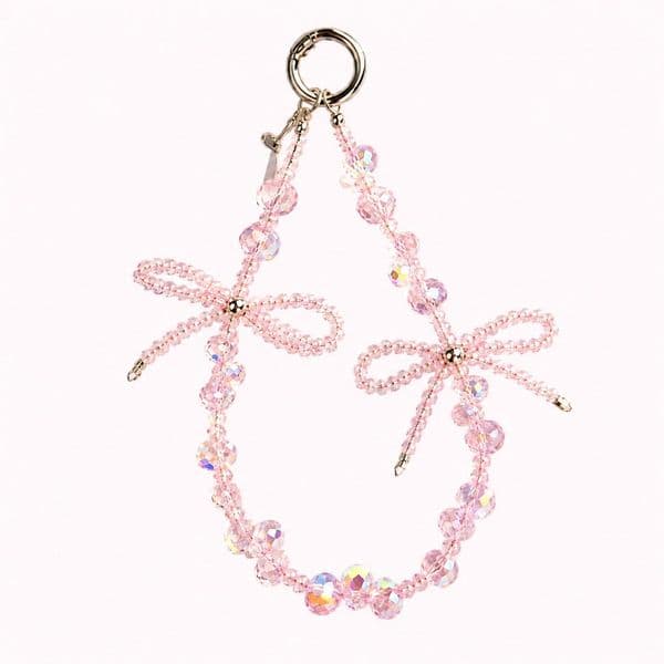 Pink Crystal Bow Phone Charm Strap Wristlet Anti-drop Beaded Phone Lanyard