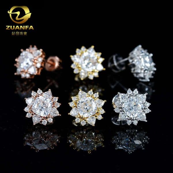 unisex irregular flower hiphop s925 sterling silver earrings with moissanite studs