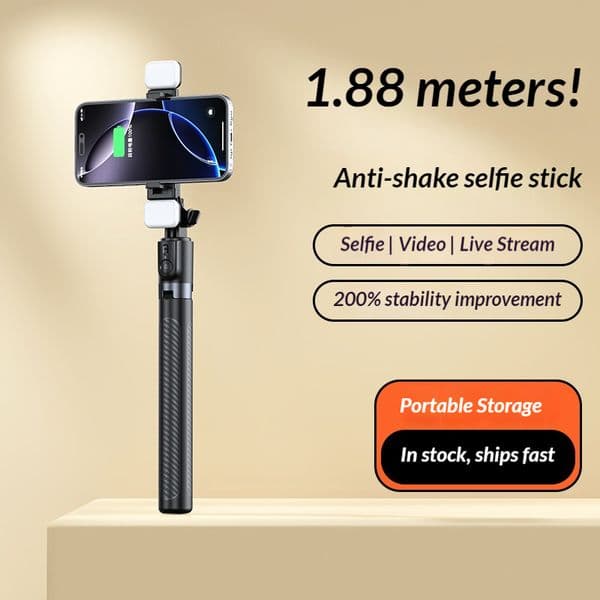 Stretchable beauty enhancing mobile phone selfie pole with built in Bluetooth remote control and integrated floor stand