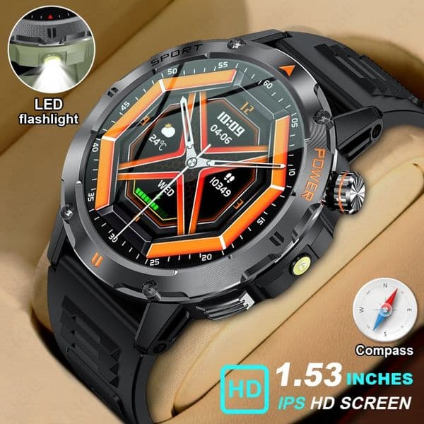 44mm Men's Outdoor Sports Smartwatch Bluetooth Edition Multifunctional Smart Wristband with Flashlight and Health Monitoring