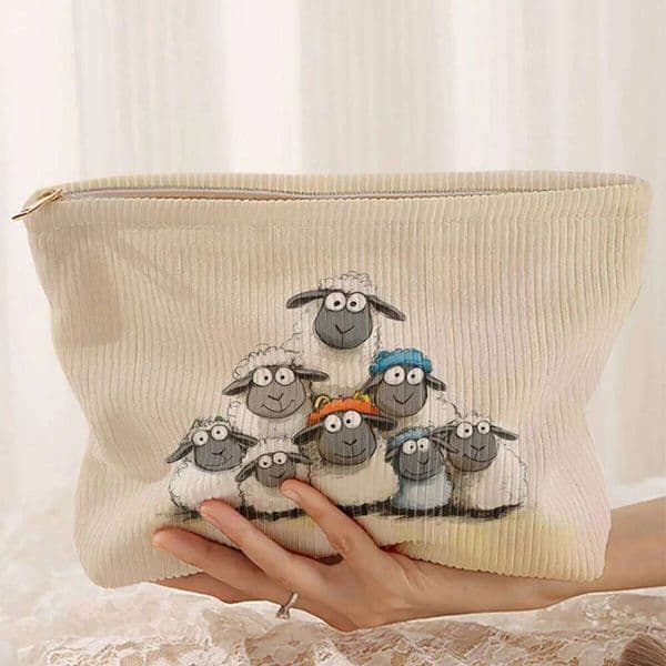Sheep pattern corduroy makeup bag, lightweight zipper storage box, multifunctional bag with lining, used for storing cosmetics