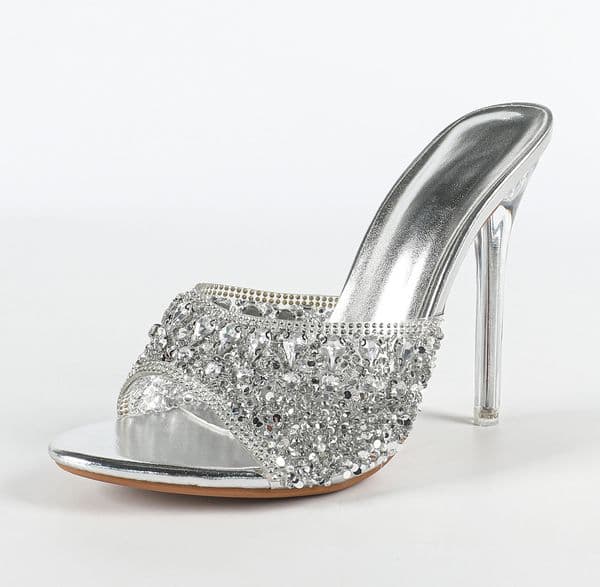 Luxury Women Dress Shoes Designer Open Toe Colored Rhinestones Slippers Women PVC Transparent Sexy Thin Heels Stripper Ladies Slides Shoes