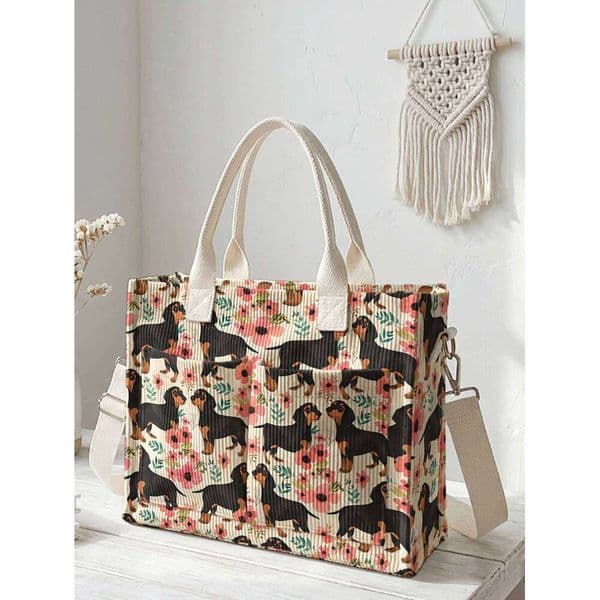 Dachshund & Floral Print Corduroy Tote Large Capacity Multi Pocket Dog Lover Commuter Shoulder Bag