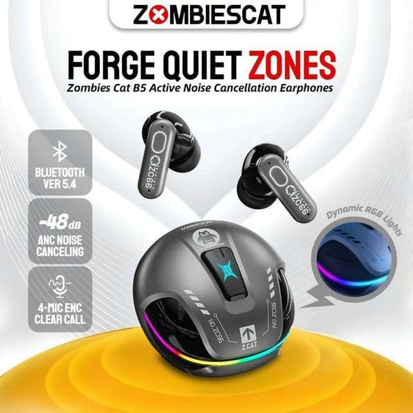 Zombies Cat B5 Active Noise Cancellation Headphone BT 5.4 ANC Earbuds Dual Connection TWS Wireless Earphones with 4 Mics 26Y0525