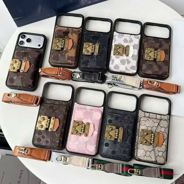 Luxury 2-in-1 Lock Buckle Wallet Phone Case with Strap for iPhone 17 16 15 Pro Max Plus Air - Designer Style Card Holder Crossbody Cover with Metal Clasp
