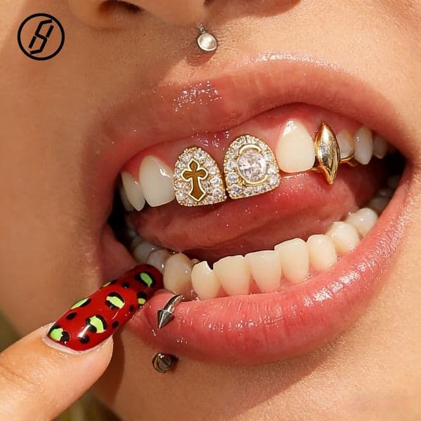 Hip Hop Street Body Jewelry Grillz Hollow Out Cross Oval Cubic Zirconia Teeth Grills Trendy Performance Accessories Original Jewelry Designer Grillz Wholesale