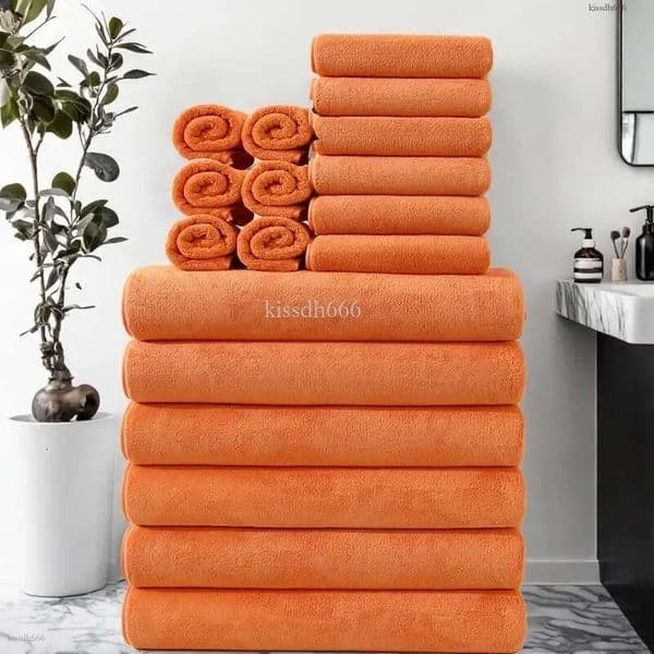 18 piece set of square absorbent soft coral fleece bath towels, face towels, and bath towels-Towel