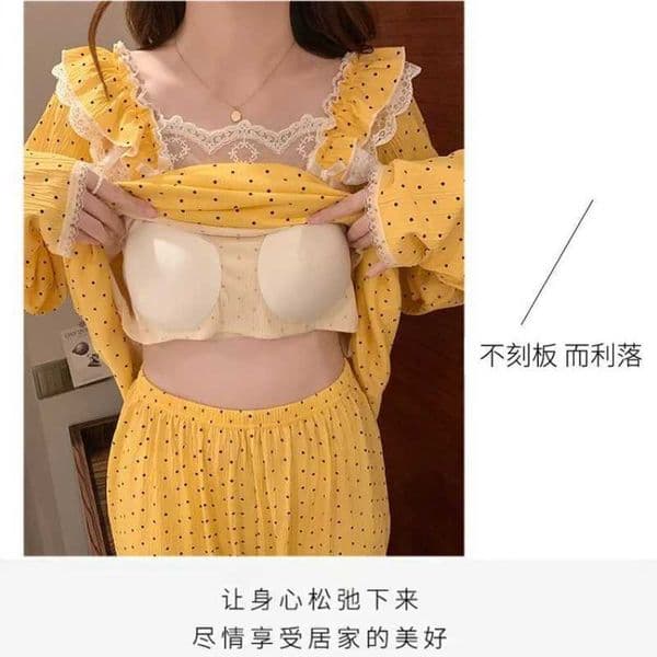 M-5XL Plus Size Autumn Pajamas Set Women Princess Style Sleepwear Built-in Padded Bra Can Wear Outside Long Sleeve Trousers Pjs L260525
