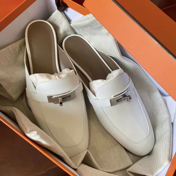 Women's White Leather Backless Loafer Mules, Metal Buckle Slip-On Flat Shoes, Casual & Comfortable for Daily Wear