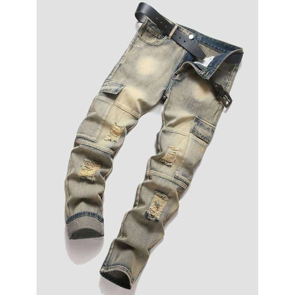 Mens trendy street style straight-leg workwear non-stretch jeans. 26Y0527