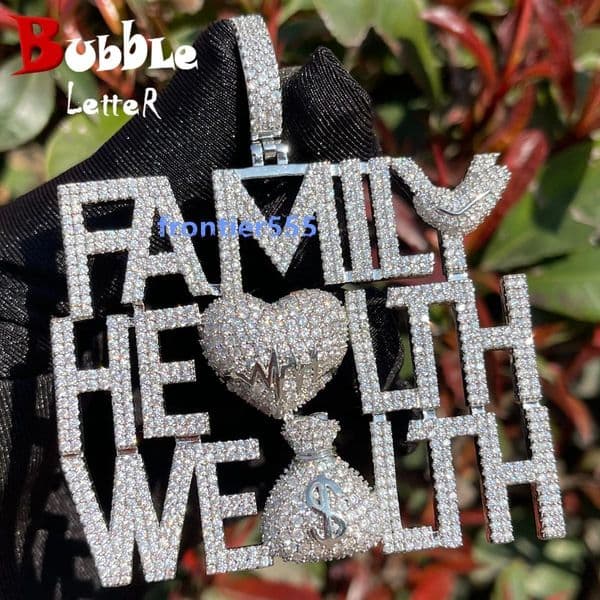 Hip Hop Family Health Wealth Letter Pendant Necklace Symbolizing Family Health and Wealth