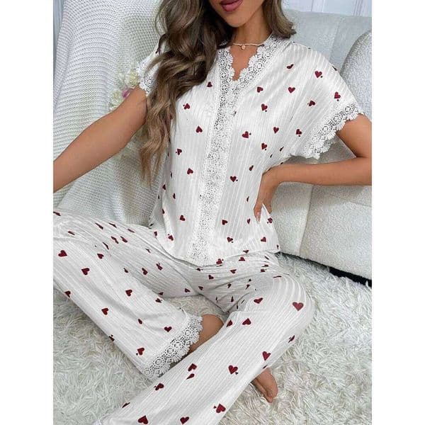 Women's Casual Cherry Print Pajama Set Short Sleeve V-Neck Top And Matching Shorts Comfortable Relaxed Fit Loungewear Sleepwear