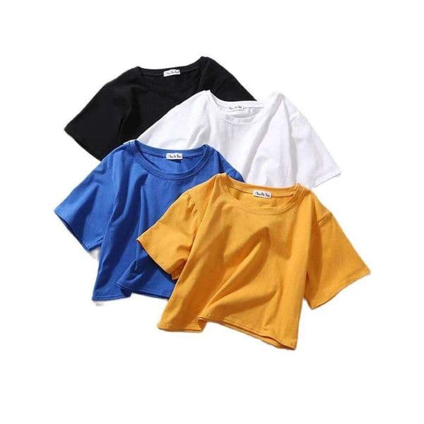 Summer Short Sleeve Shirts Women Solid T-shirt O Neck High Waist Crop Top Tee Female Casual Loose T Shirt