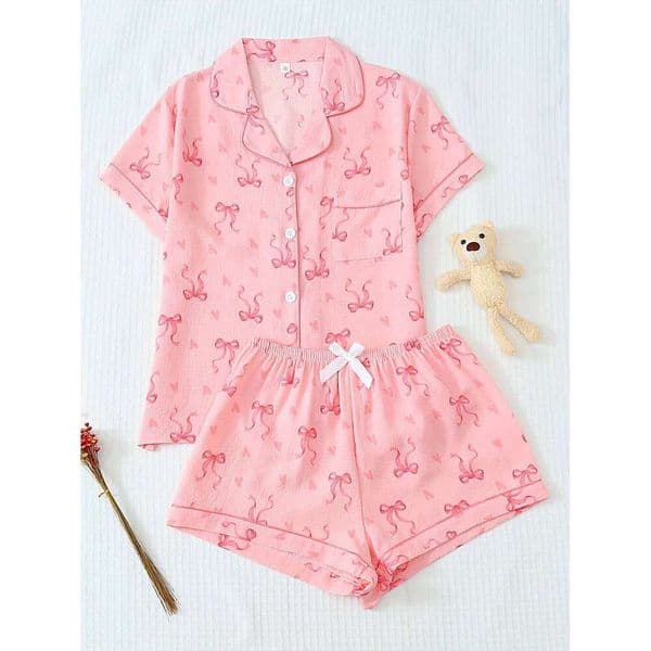 Women's Love Printed Pajama Set Short Sleeve Button Cardigan Shirt and Bow Shorts Spring Summer Casual Loungewear