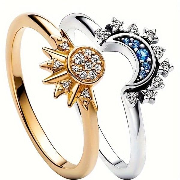 Simple Shiny Blue Diamond-studded Sun Moon Stacked Celestial Couples Luxury Ring Designer Rings For Woman Sieraden Jewelry