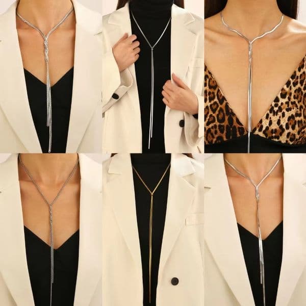 Stainless Steel Embossed Blade Link Chain Necklace with Tassel Long Pull-Out Braided Clavicle for Sweaters