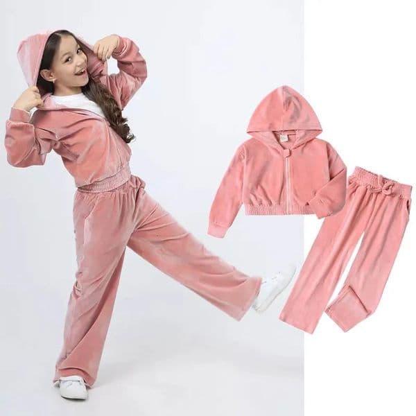 k1688 Children Girls Velvet Sweatsuit Toddler Zipper Up Hoodie Jackets CoatPants Set Winter Kids Tracksuits Outfits